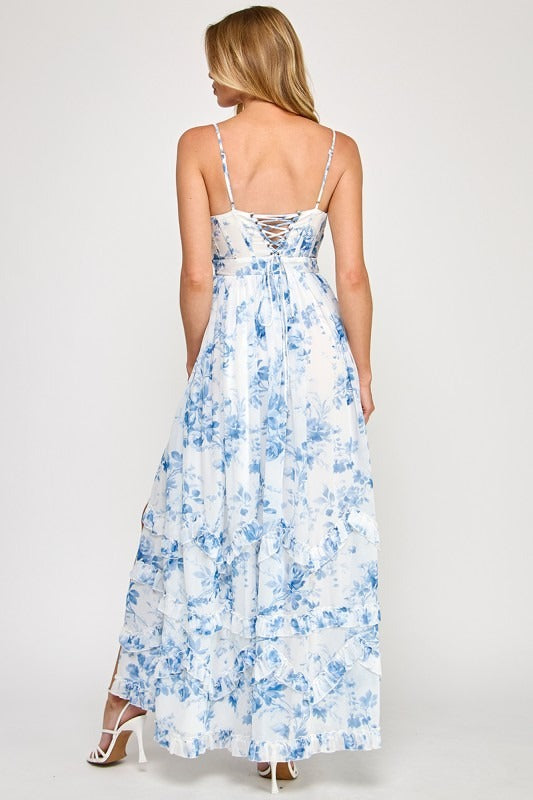 Vestido largo azul floreado